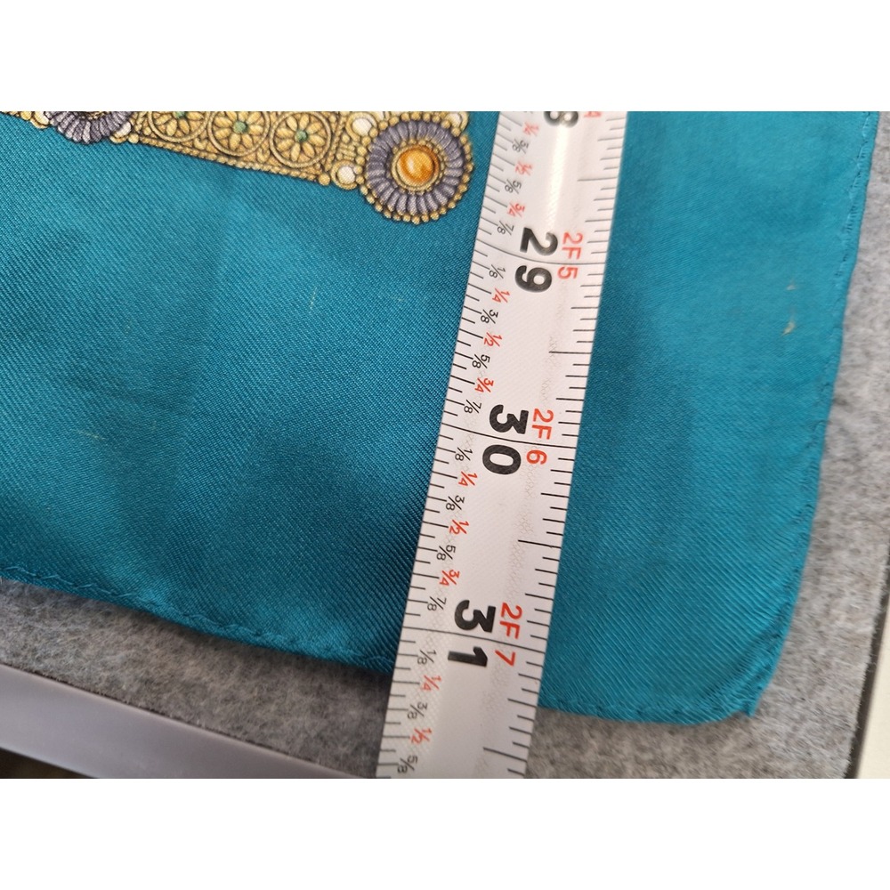 Vintage 100% Silk Square Scarf Teal Gold Crown Fleur-de-Lis Baroque 30x30 - Picture 3 of 7